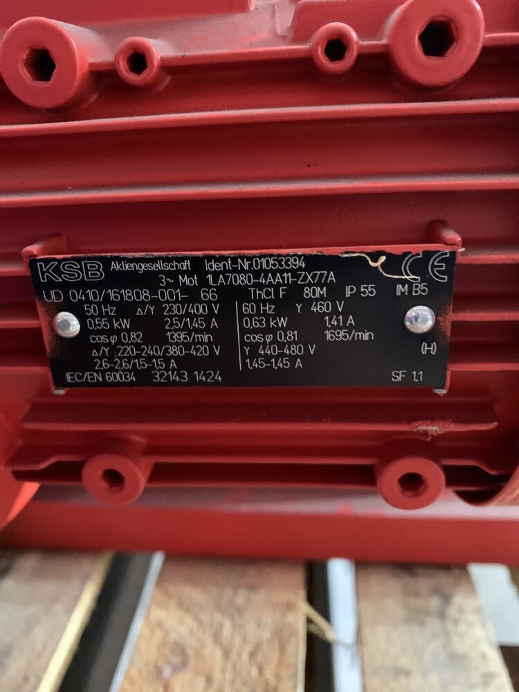 KSB Motor:1LA7080-4AA11-ZX77A; Pumpe: ETALINE-GN 50-160/054